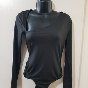 Fashion Nova Black Asymmetrical Long Sleeve Bodysuit Size S